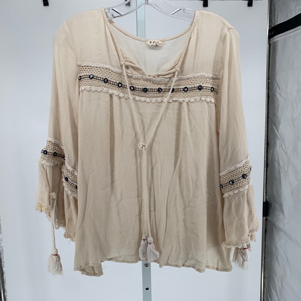 POL boho peasant blouse semi sheer cream lace embroidery women size large